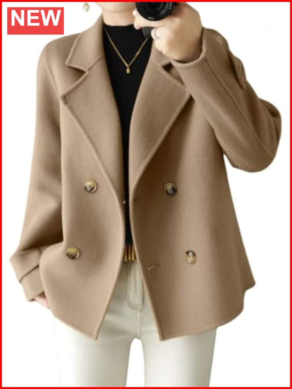Wool Blend Double Breasted Pea Coat Notch Collar Business Casual